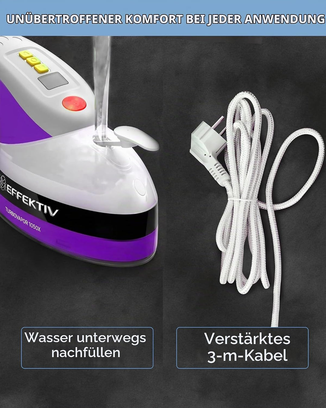 EFFEKTIV Turbodampfer 1050X, vertikaler Handdampf, 1600 W, 4 Bügelmodi, 35 Sekunden, Tank 220 ml, tr