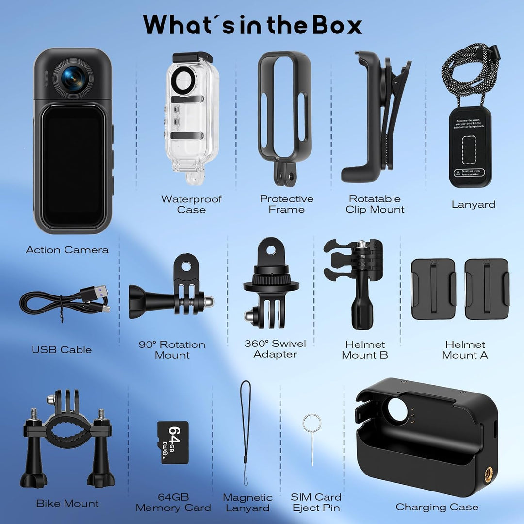 Mini Action Cam WIFI 1080P, 360° 64GB Sport Actionkamera HD mit 180° Rotierendem Objektiv,Touchscree
