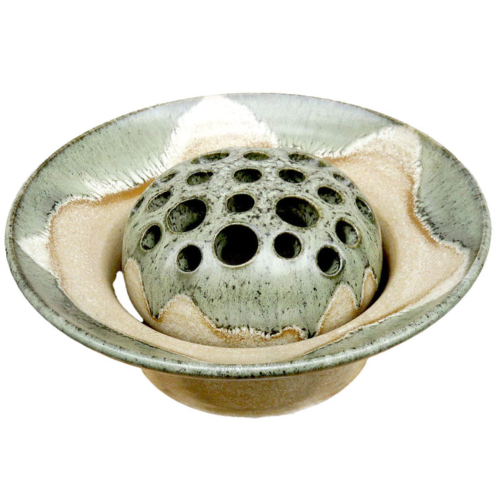 Blumensteckschale beige-grün, 2-teilig, handgetöpfert, 13 cm Durchmesser, Steinzeug