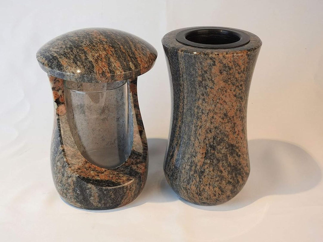 designgrab Grablampe Cerres und Grabvase Atria aus Granit Gneis Halmstad, Grabschmuckset Braun, Brau