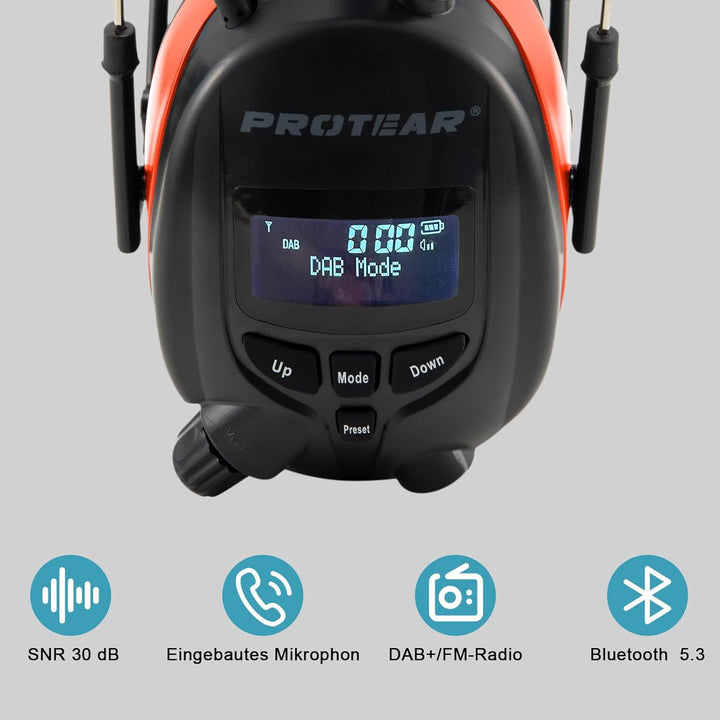 PROTEAR Bluetooth Gehörschutz mit DAB / DAB + FM Radio, wiederaufladbare elektrische Gehörschutzkaps