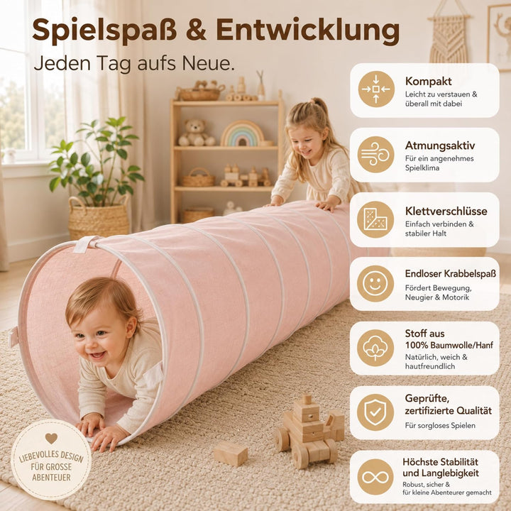 Spieltunnel für Kinder aus Baumwolle/Hanf mit Klettverschlüssen [180cm x 46cm] Krabbeltunnel für Bab
