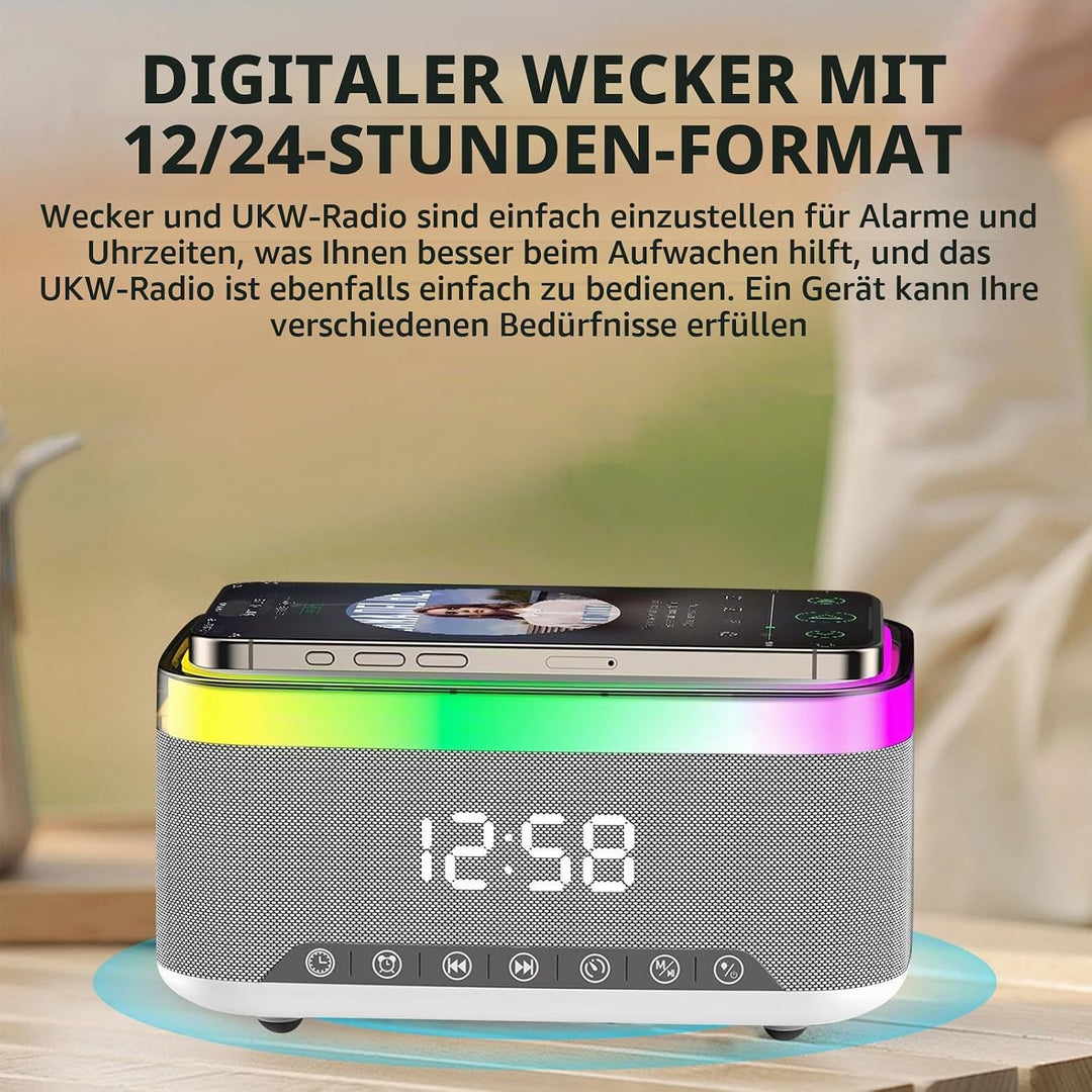 PORFOYO Digitaler Wecker mit Licht und Ladestation, 3-in-1 Wecker Digital mit Bluetooth Lautsprecher