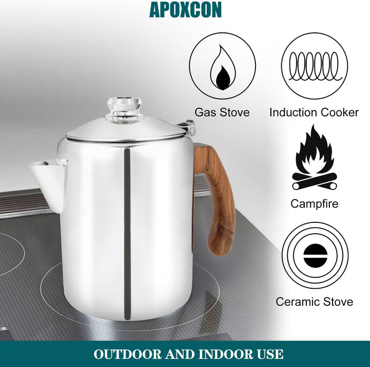 APOXCON Kaffee-Perkolatorkanne aus Edelstahl mit robustem Glasknopf und behandeltem Massivholzgriff