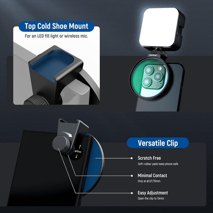 NEEWER 67 mm 1/4 schwarzer Diffusionsfilter & Kaltschuh-Handyclip für Handy, inklusive Tragetasche u