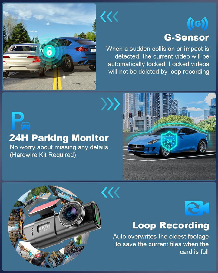 4K WiFi Dashcam Auto Vorne,App-Steuerung Auto Dashcam mit 64G SD-Karte und Abnehmbare Halterung,1.47