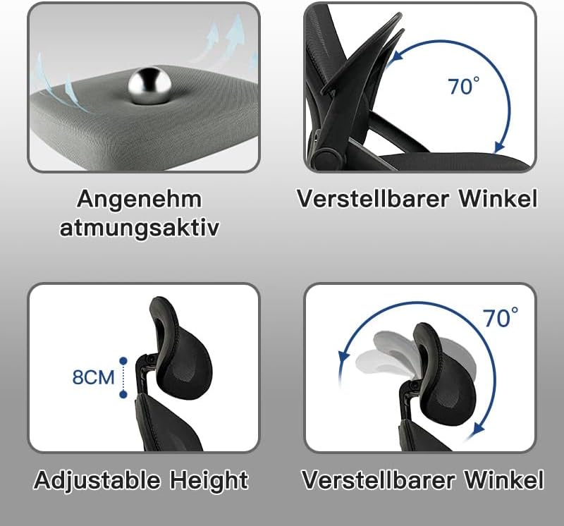 Ergonomischer Bürostuhl, Schreibtischstuhl mit verstellbaren Armlehnen, 3D-Kopfstütze und 3D-Lendenw