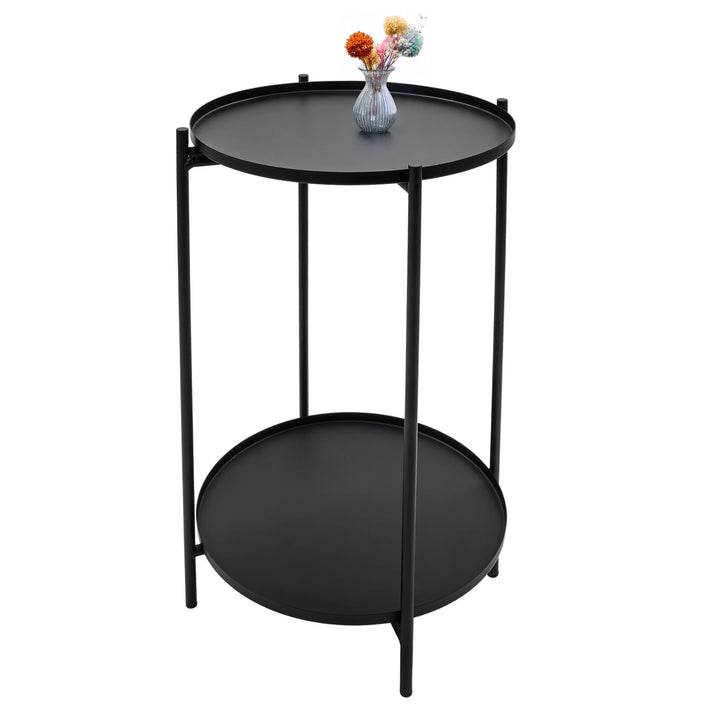 Spetebo Beistelltisch Metall schwarz rund 48 x 28 cm | 2 Ablagen, Klappbar, Abnehmbare Tablett Tisch