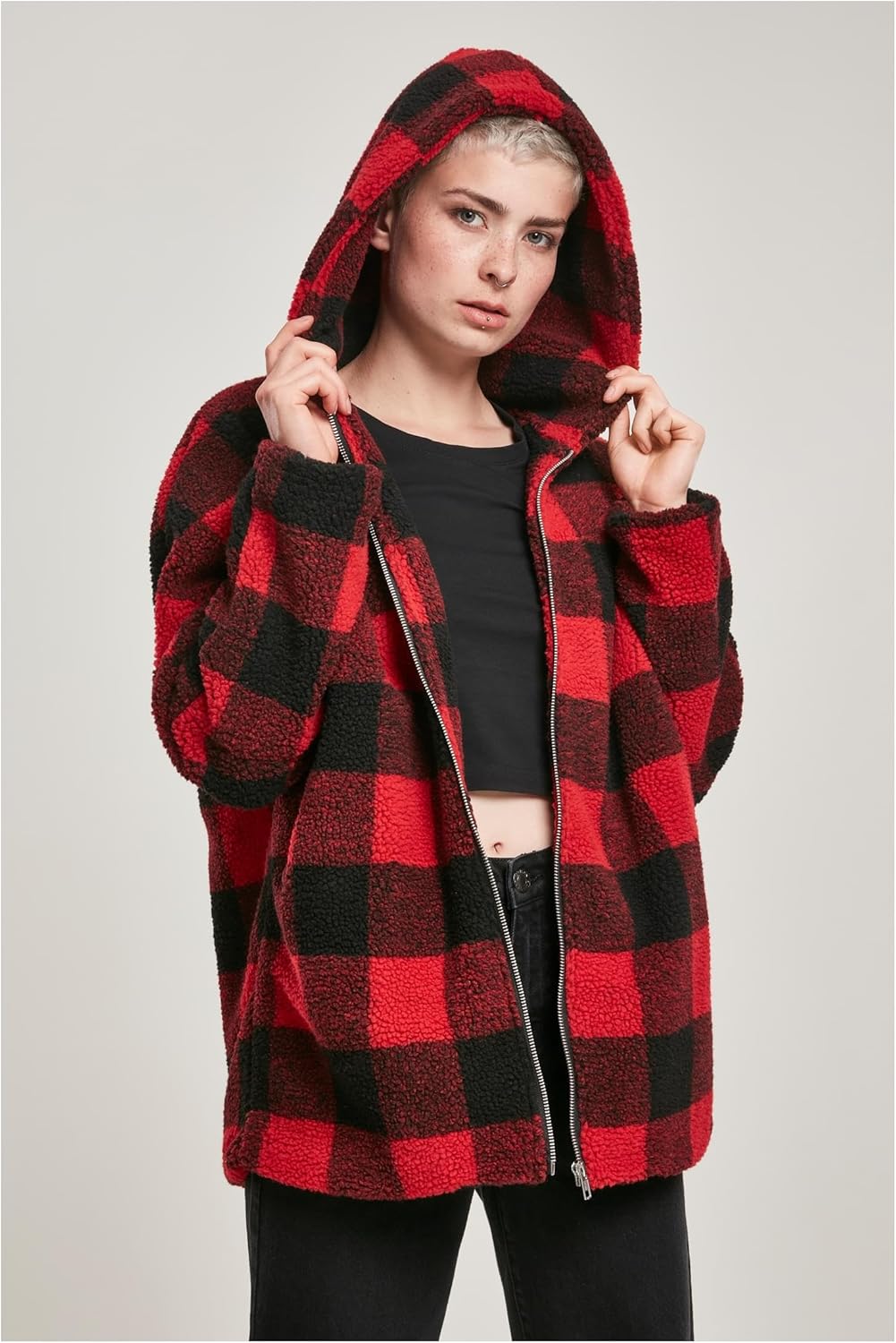 Urban Classics Damen Winter Jacke Ladies Oversized Check Sherpa Jacket mit Kapuze, Holzfäller Karo M