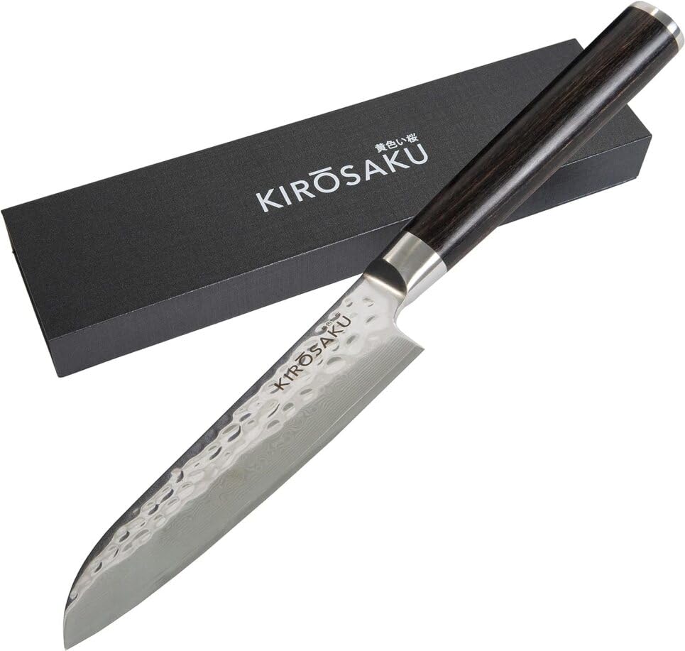 Kirosaku Santoku Damastmesser - Damaskus Messer mit echtem Pakkaholzgriff - Profimesser mit Geschenk
