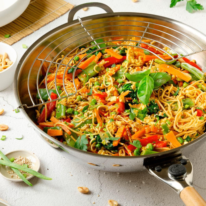 Mastrad O`Wok Gourmet - Wokpfanne aus Edelstahl - Für schnelles und gleichmässiges Erhitzen - Mit ab