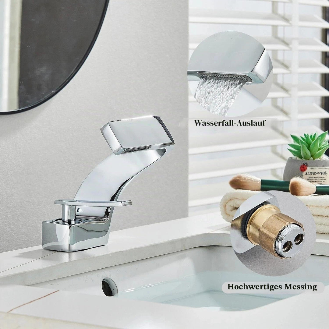 Waschtischarmatur, Wasserfallarmatur, Einhebelmischer Silber Messing, 360° schwenkbar – Armatur Bade