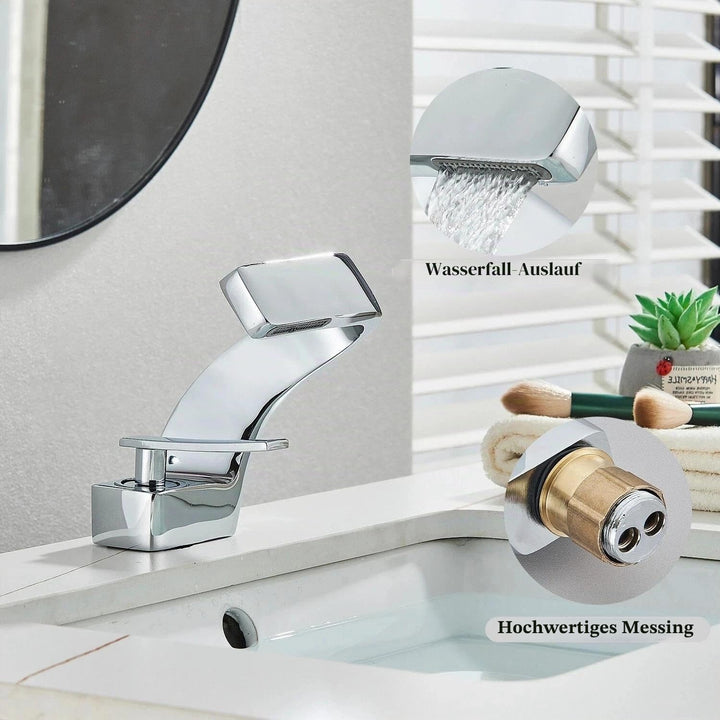 Waschtischarmatur, Wasserfallarmatur, Einhebelmischer Silber Messing, 360° schwenkbar – Armatur Bade