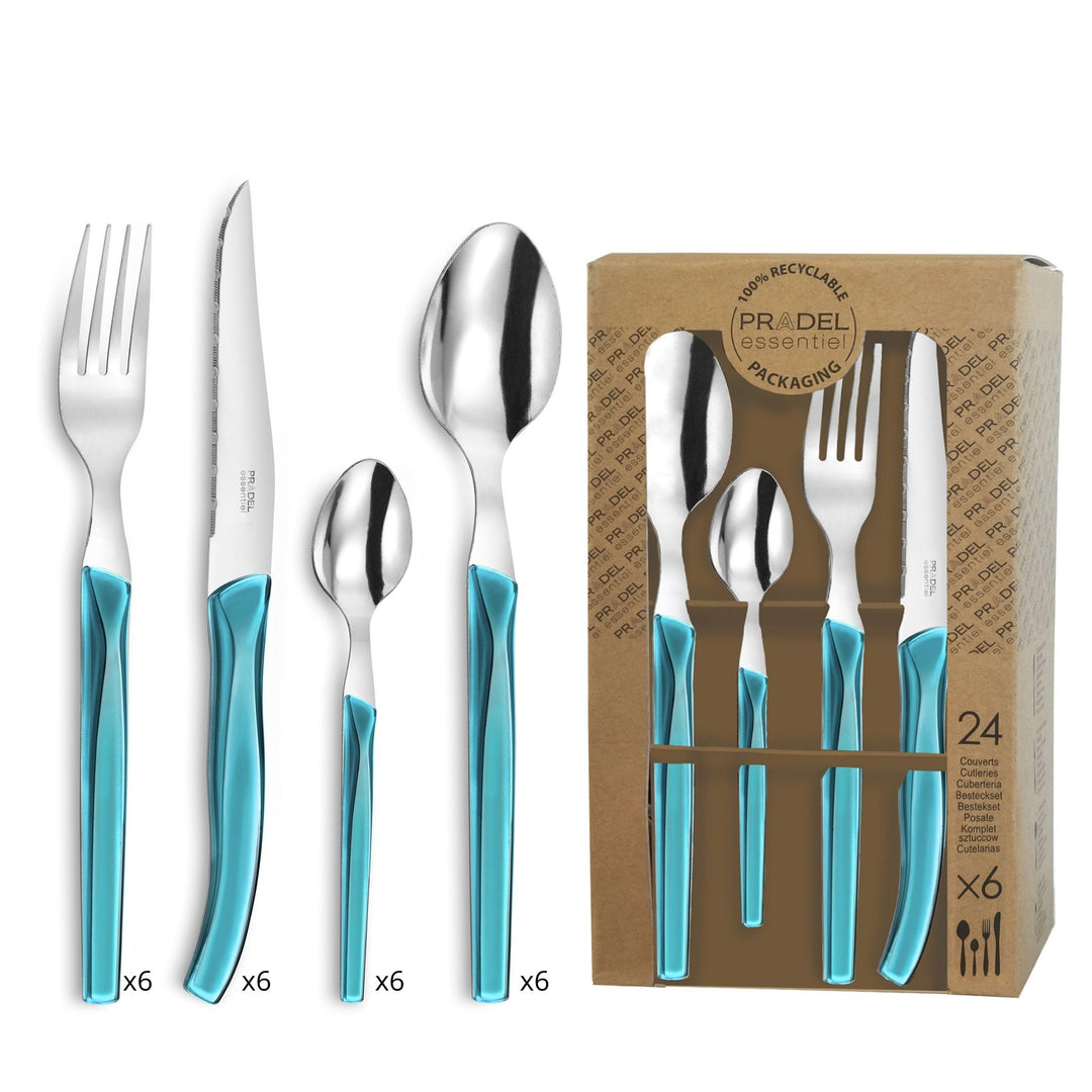 Lou Laguiole RISING SUN Besteck Set 6 Personen | 24-teilig | Türkis glänzend | Essbesteck 6 Personen