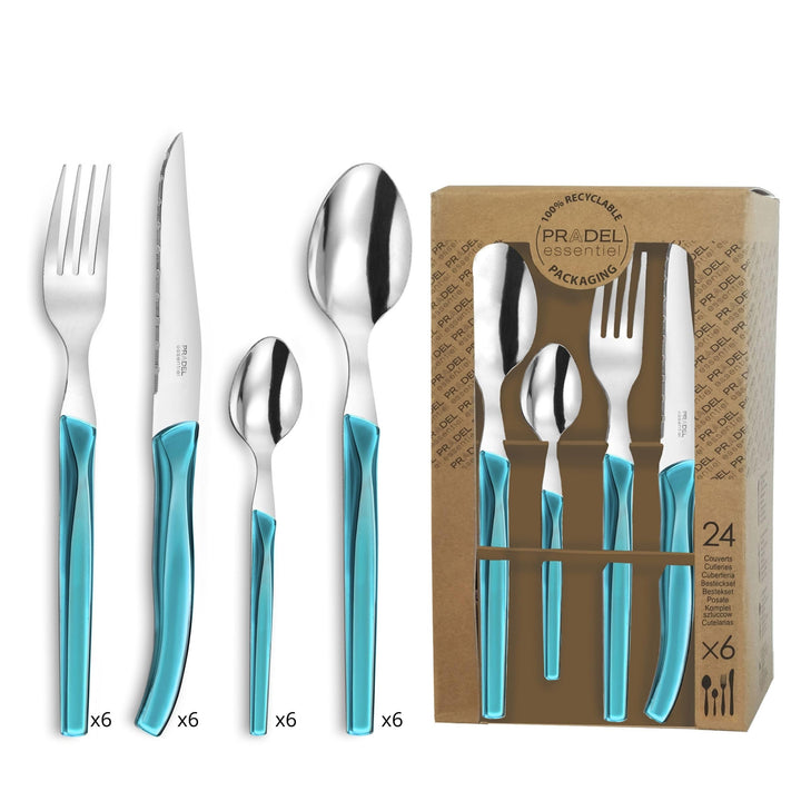 Lou Laguiole RISING SUN Besteck Set 6 Personen | 24-teilig | Türkis glänzend | Essbesteck 6 Personen