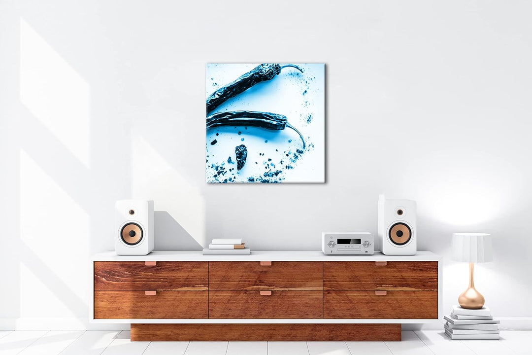 getrocknete extrem scharfe Peperoni Format: 70x70 Effekt: Monocrome Blau als Leinwandbild, Motiv fer