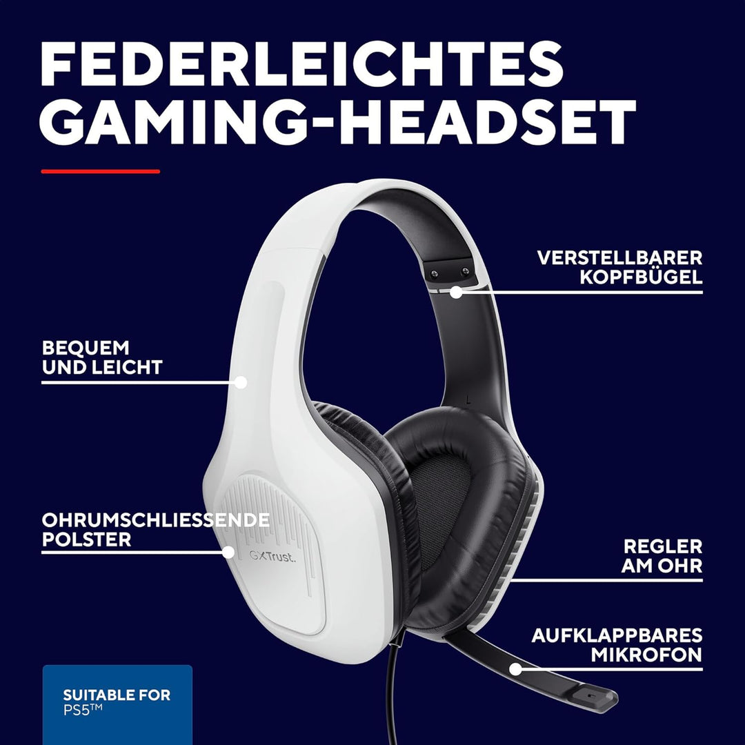 GXTrust Zirox Leichtes Gaming Headset für PlayStation 5, Weiss | 50-mm-Treiber, 1,2 m Kabel, Hochkla