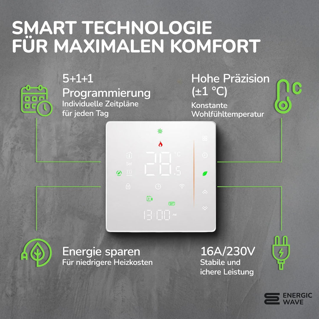 Thermostat für Elektrische Fussbodenheizung - Smart WIFI Programmierbar Raumthermostat Kompatibel mi