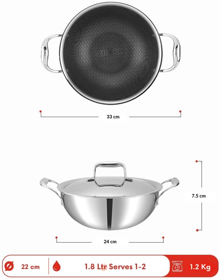 Vinod SAS Pro Platinum Triply Stainless Steel Kadai - 22 cm, 1,8 L | HexaShield Design Stick-resista