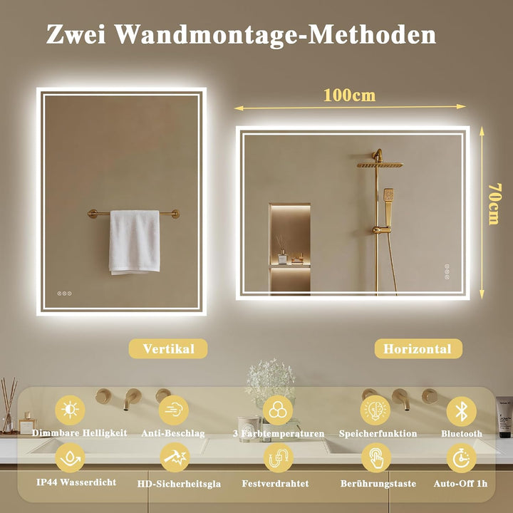 Badspiegel-mit-Beleuchtung 100x70cm - Badezimmer Spiegel mit Bluetooth - Badezimmerspiegel mit Besch
