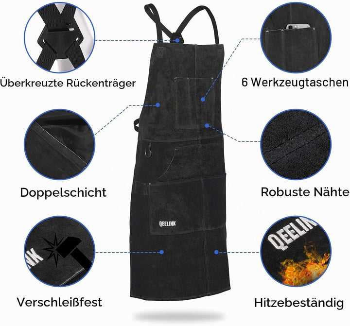 QeeLink Schweisserschürze Leder mit 6 Taschen, Lederschürze – Flammhemmende &amp; Hitzebeständige Arbeit