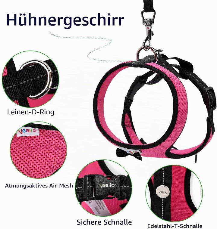 Hühner-Geschirr mit passender Leine (1,8 m), verstellbar, belastbar, bequem, atmungsaktiv, gross, ge