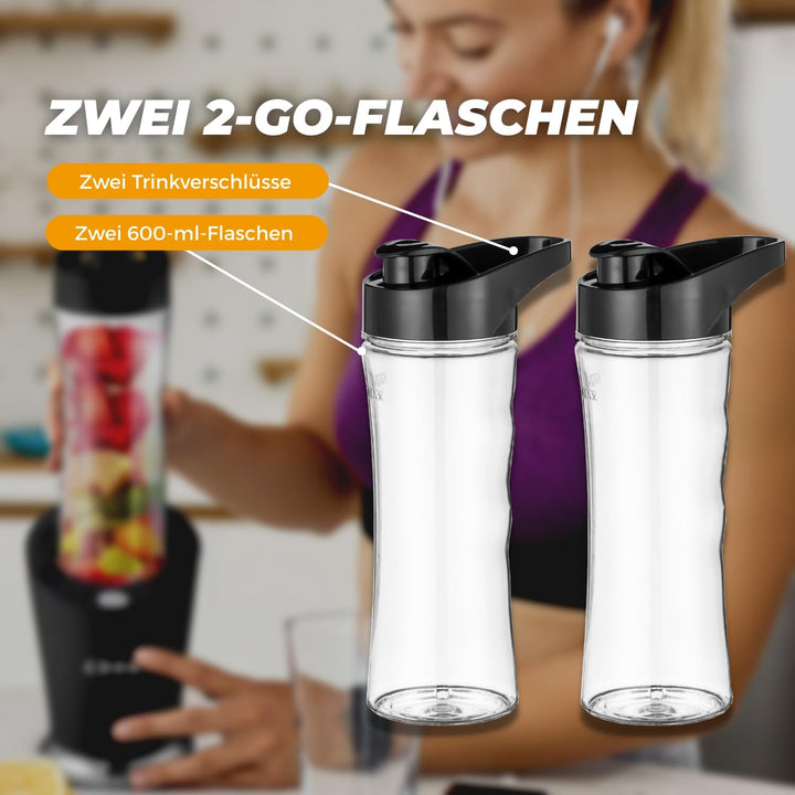 COOK-IT Smoothie Blender To Go – 350W Mixer mit 2x 600ml Trinkflaschen, 4 Edelstahlmesser, Mix & Go,