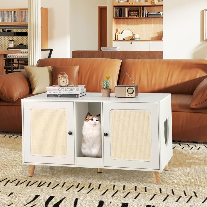 COSTWAY Katzenschrank für Katzentoilette, Katzenklo Schrank mit 2 Türen &amp; Kratzbrett &amp; 2 Sisal-Kratz