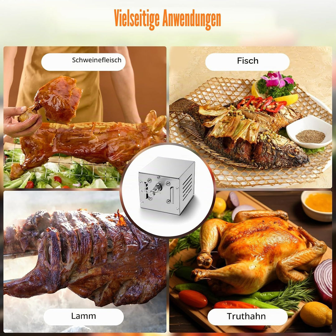Futchoy Grillmotor für Grillspiess 25W Edelstahl Grillspiess Motor bis 100KG Belastbar BBQ Drehmotor