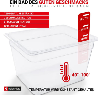 Heidenfeld SVS11 Sous Vide Garer Behälter - Extra gross 32.0 x 26.5 x 20.0 cm - Deckel - Rack - Behä