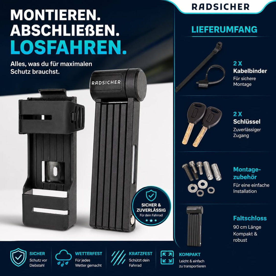 RADSICHER Faltschloss – Robustes Fahrradschloss (90 cm) | Sicherheitslevel 12 | Gehärteter Stahl, We