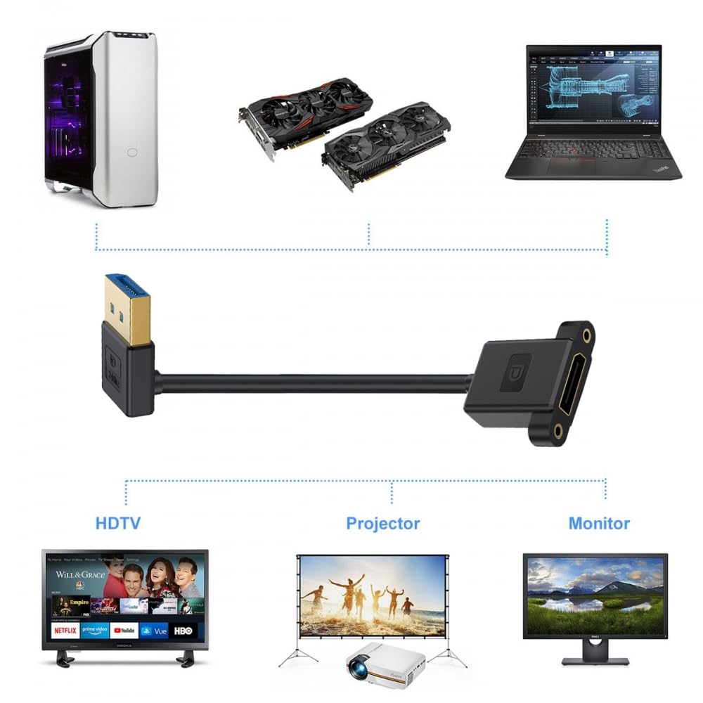 CY Cable Ultrafein nach unten abgewinkeltes DisplayPort 1.4 DP-Verlängerungskabel, Stecker auf Buchs
