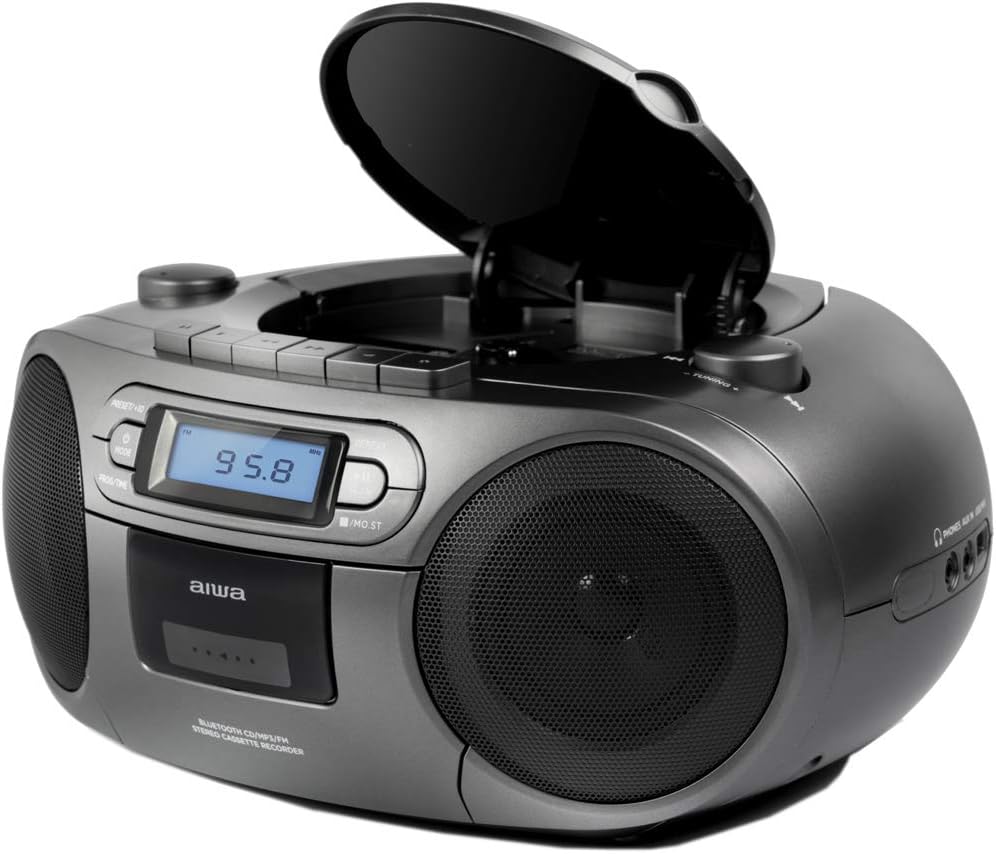 Aiwa BBTC-550BK Tragbares Radio mit CD, Bluetooth und USB, Cassettes-Recorder Farbe: Metallic-Grau S
