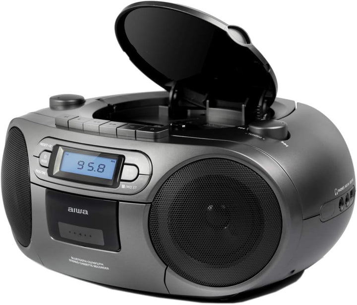 Aiwa BBTC-550BK Tragbares Radio mit CD, Bluetooth und USB, Cassettes-Recorder Farbe: Metallic-Grau S