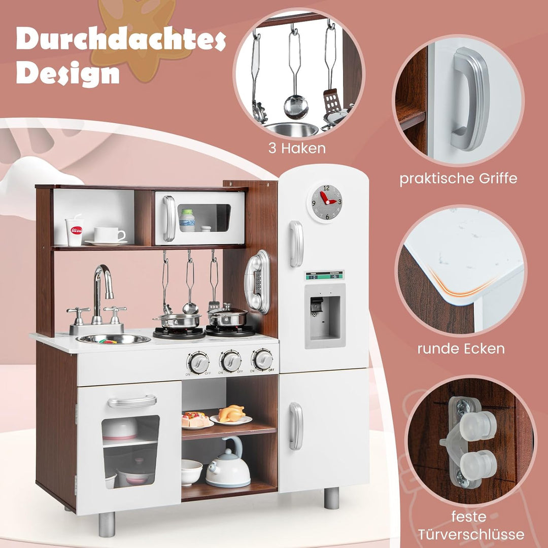 COSTWAY Kinderküche Holz, Spielküche mit Licht und Sound, Spielküchenset mit Herd, Mikrowelle, Ofen,