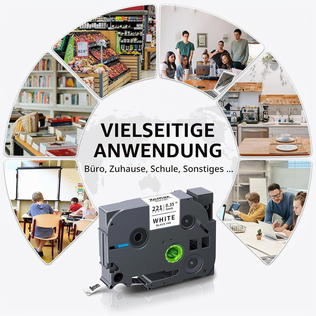 8x XemaX Etikettenband Kompatibel für Brother P-touch Bänder 9mm TZe-221 TZ-221 Schriftbänder Schwar