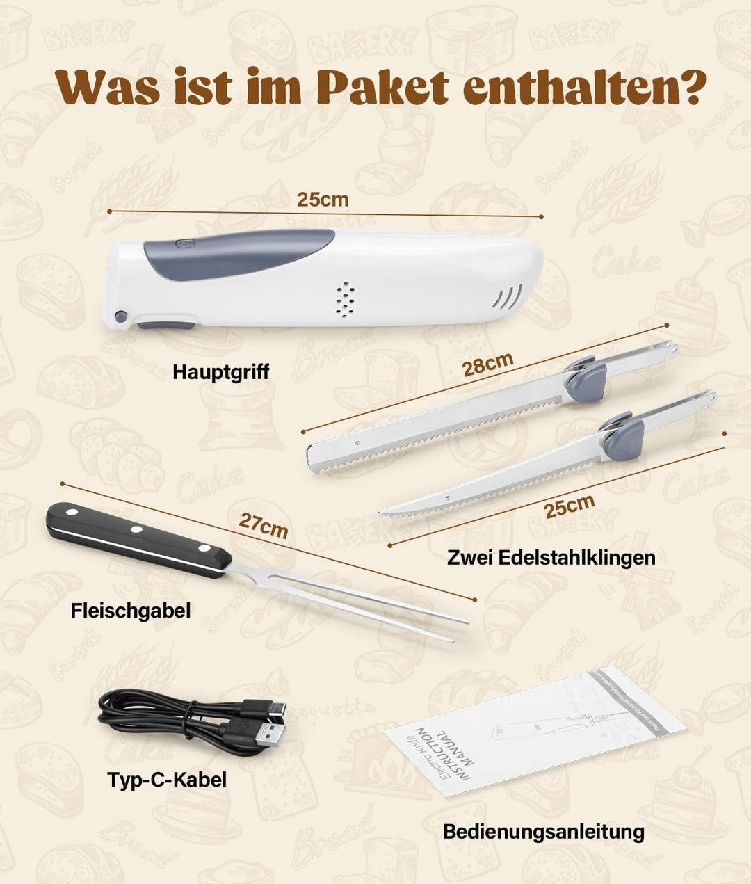 PAHTTO Elektromesser, Kabelloses Küchenmesser mit 2 Edelstahlklingen und Gabel, 8 V Elektrisches Mes