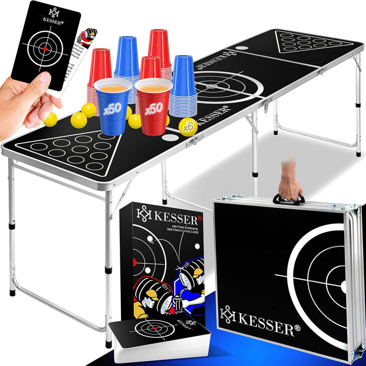 KESSER® Bier Pong Tisch Set mit Kartenspiel Trinkspiel - inkl. 100 Becher (50 Rot & 50 Blau), 6 Bäll