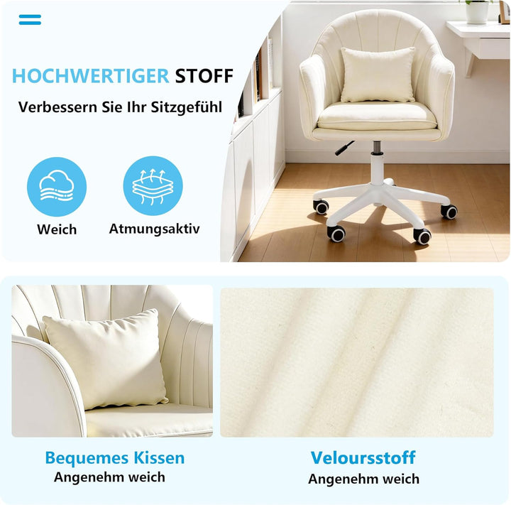 Ergonomischer Bürostuhl, 360°Drehstuhl mit Kopfkissen, Höhenverstellbarer Schreibtischstuhl, Schmink