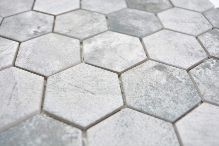 Mosaikfliese Keramik Hexagon Sechseck Zement hellgrau Mosaikwand Küchenfliese Duschwand Duschtasse F