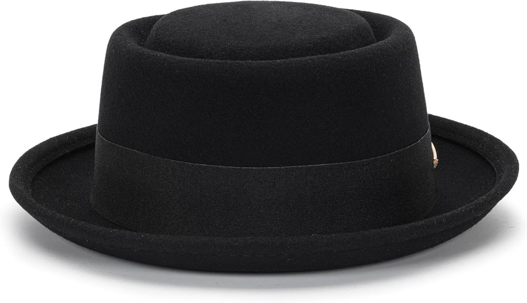 Pork Pie Hut für Herren, Wolle, flache Oberseite, Fedora-Hut, Unisex, Porkpie-Hüte (S/M) M Schwarz,