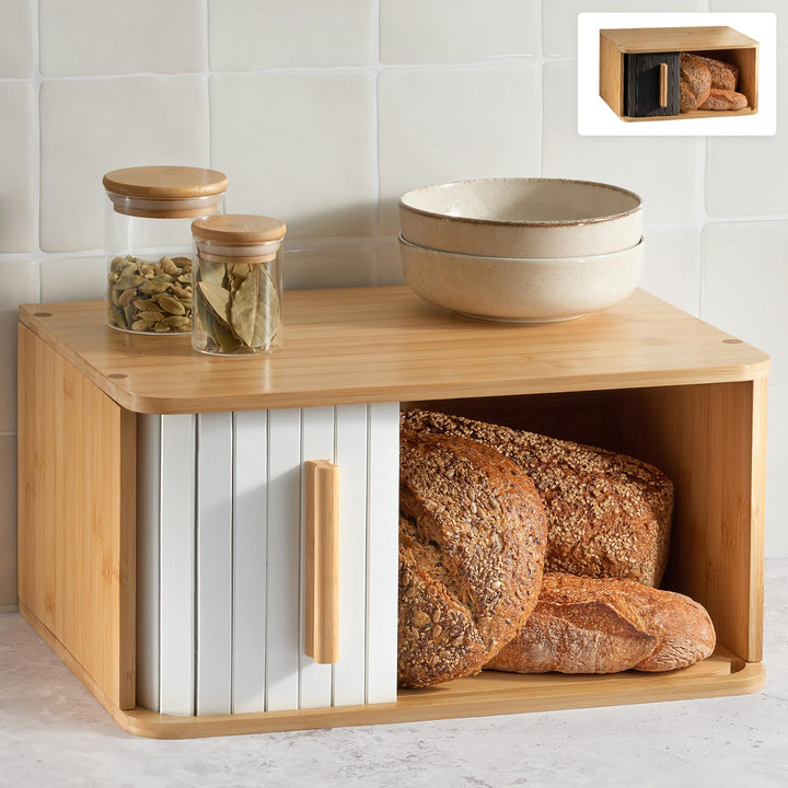Praknu Brotkasten Gross aus FSC® Holz mit Schiebetür - Brotaufbewahrung 40x28cm - Platzsparend und s