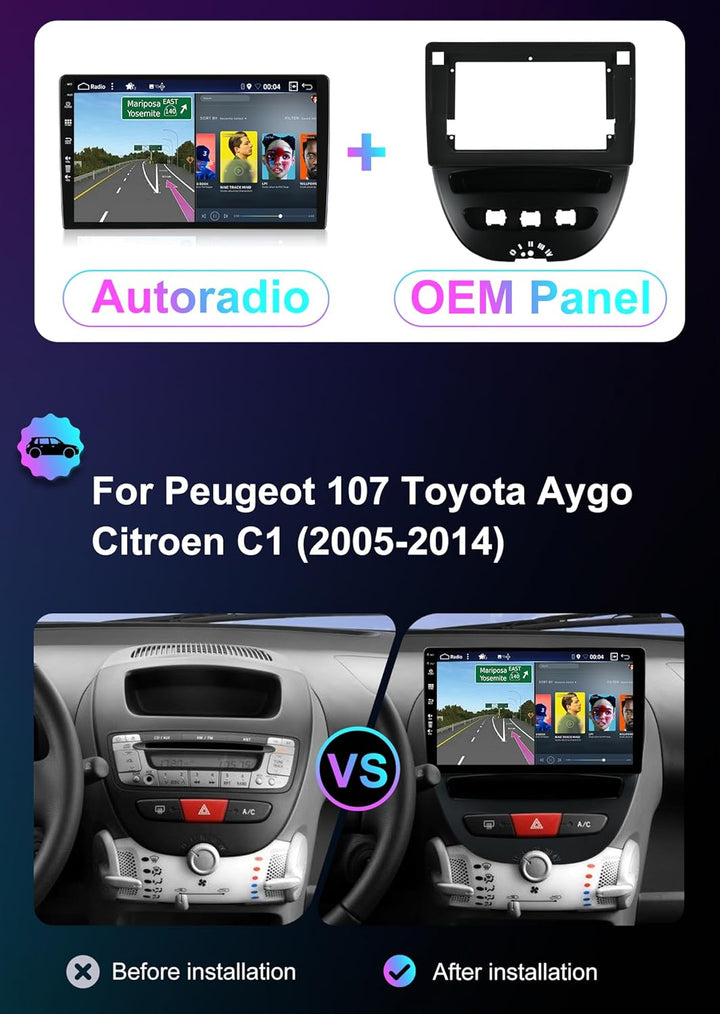 YUNTX [6GB+128GB] Android 12 Autoradio für Peugeot 107 Toyota Aygo Citroen C1 2005-2014-[Integrierte