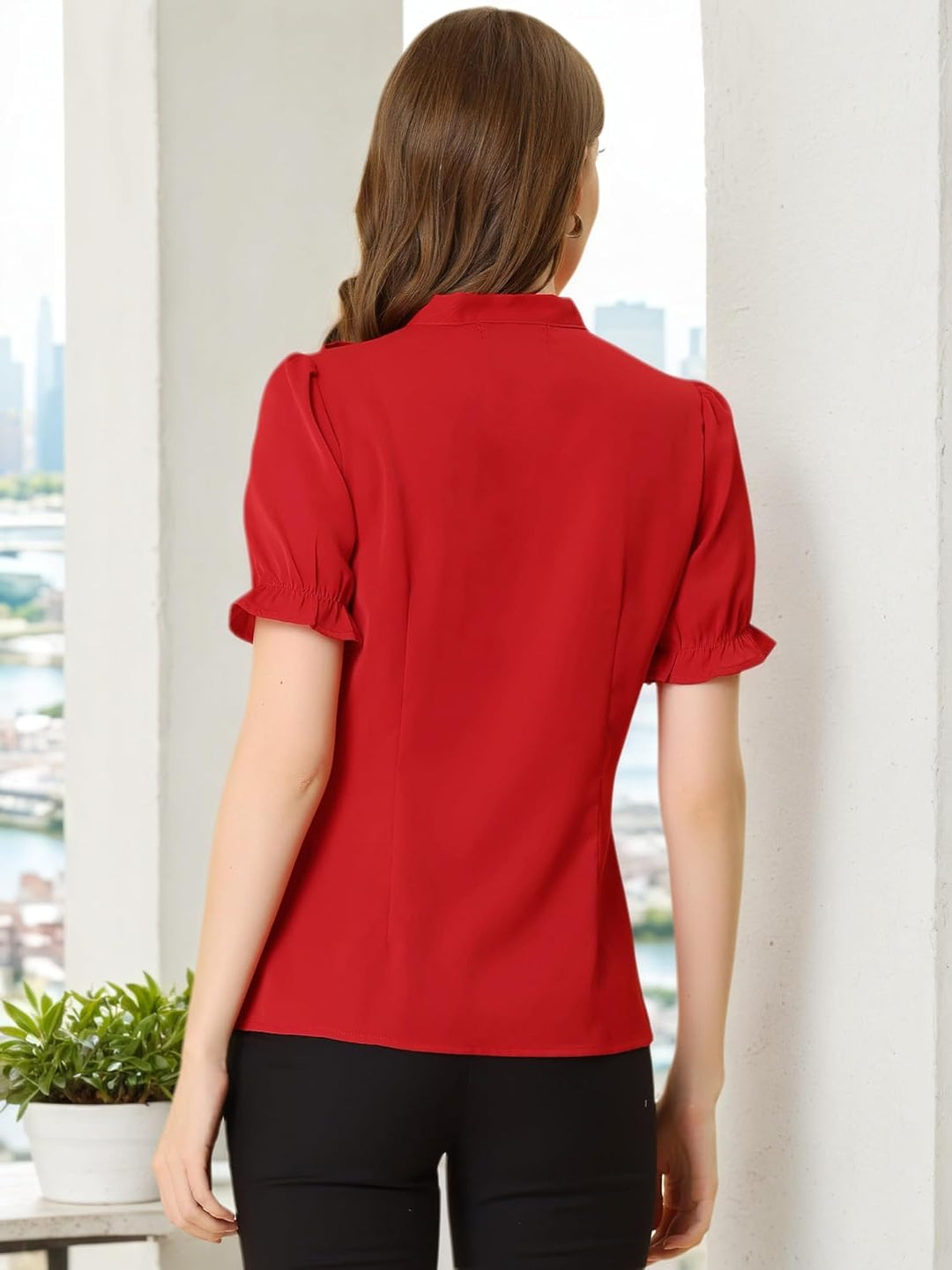 Allegra K Damen 50er Jahre Bluse mit Schleife Schluppenbluse Festliche Blusen Kurzarm Panel Fliege H