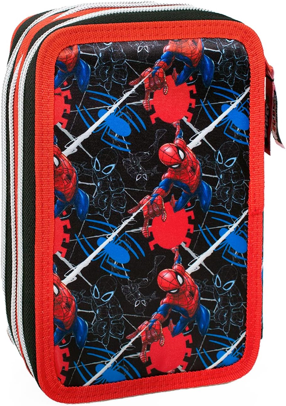 L'ERBAVOGLIO Federmäppchen für Schule, 3 Reissverschluss, komplett mit 44 Stück, Spiderman (rot/schw