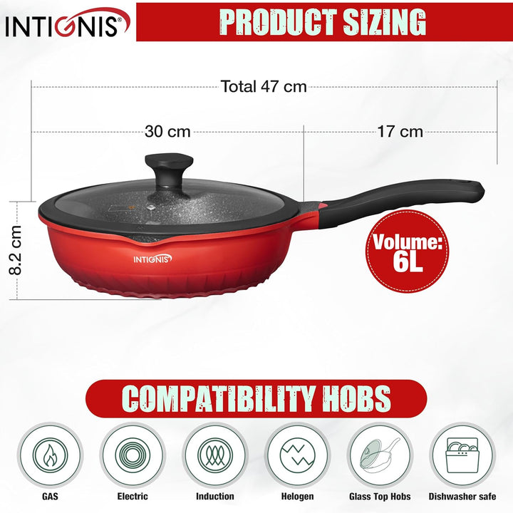 INTIGNIS Premium-Bratpfanne mit Deckel, Kratzfest, 30 cm, Extra Tief, Kompatibel mit allen Herdarten