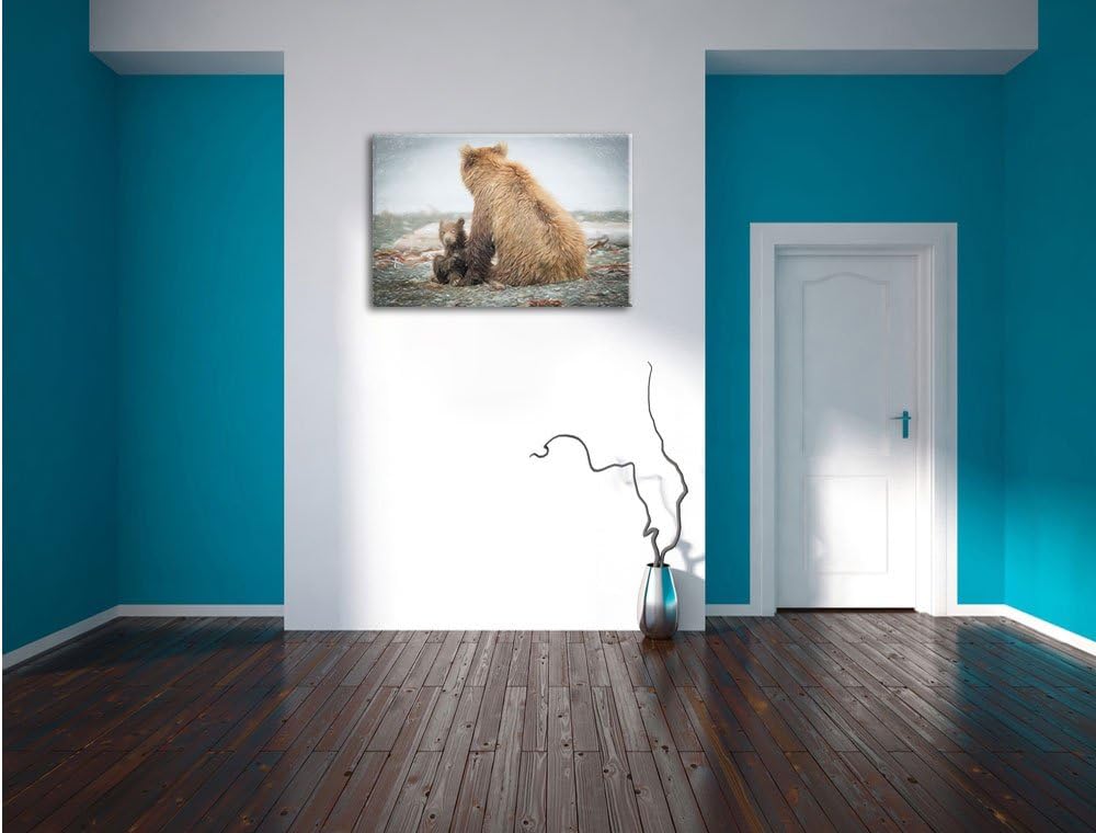 Pixxprint Bär mit Baby nach dem Baden Kunst Buntstift Effekt, Format: 100x70 auf Leinwand, XXL riesi