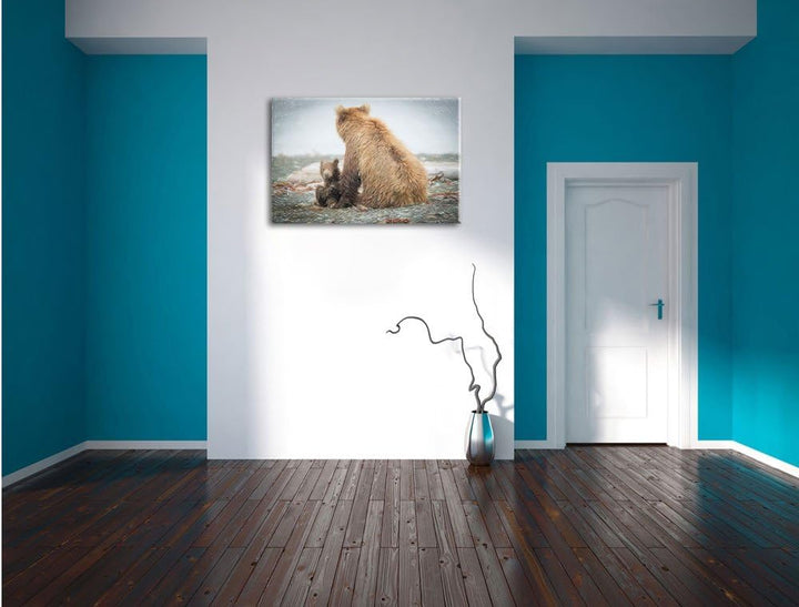 Pixxprint Bär mit Baby nach dem Baden Kunst Buntstift Effekt, Format: 100x70 auf Leinwand, XXL riesi