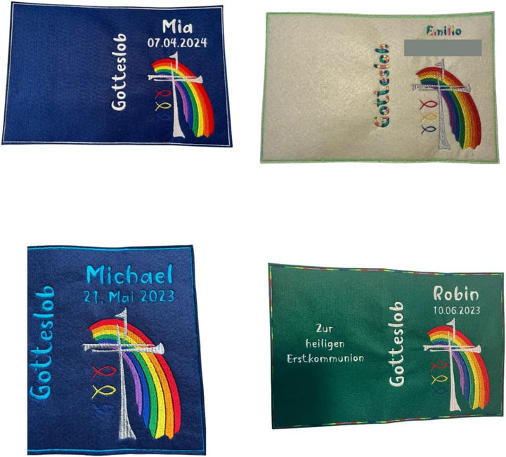 Gotteslobhülle aus Filz, Motiv "Kreuz mit Regenbogen", verschiedene Filzfarben, personalisiert mit N