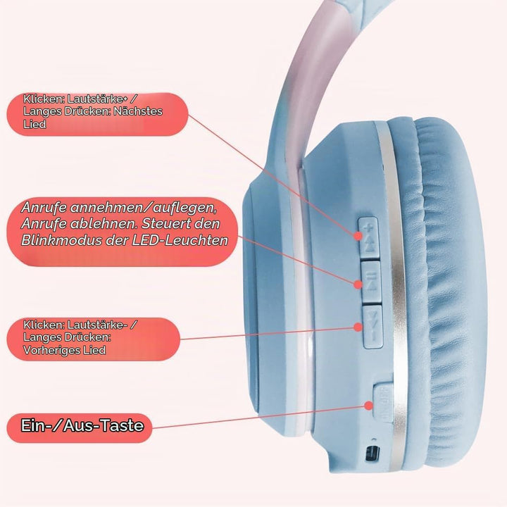 Kinder Bluetooth Kopfhörer, Katzenohr LED Lichter, Bluetooth 5.3 Stereo, Verstellbares Kopfband, 85d